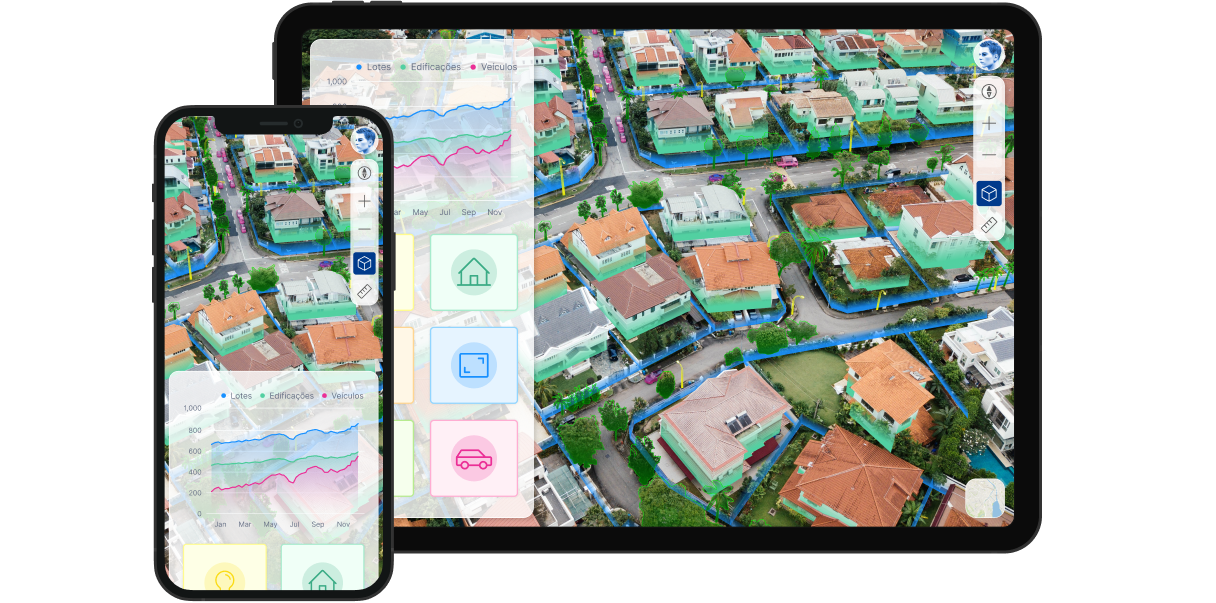Dois mockups exibem imagens aéreas de um bairro residencial, um em um smartphone e o outro em um tablet. As telas mostram claramente as linhas dos muros, das edificações, dos postes de iluminação pública e dos veículos nas ruas.
